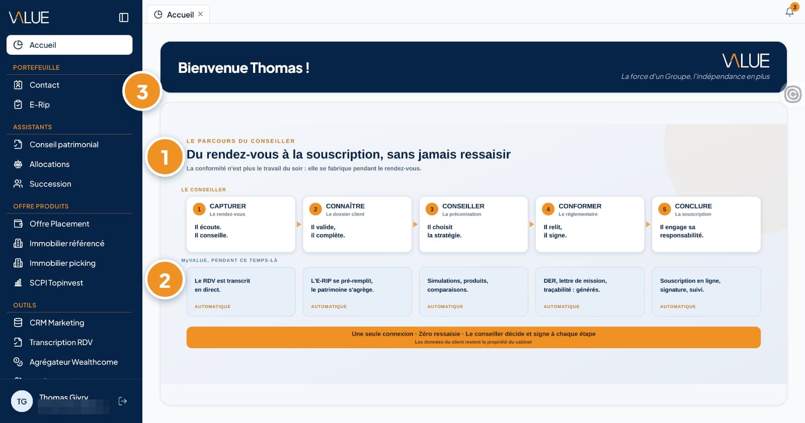 MyVALUE : L'accueil : le parcours du conseiller